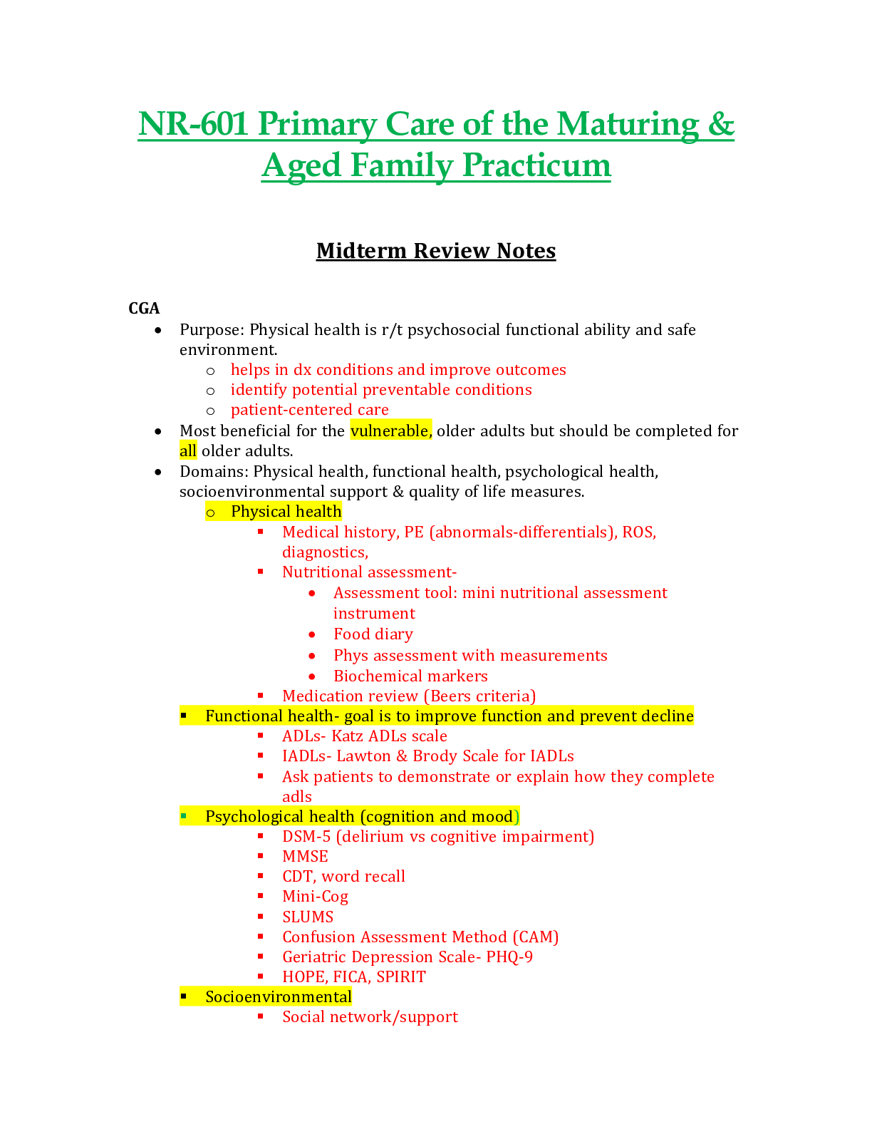 Preview image for NR601 / NR-601 Midterm Review Notes Updated: Primary Care of the Maturing & Aged Family Practicum - Chamberlain